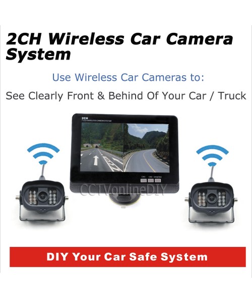 7" TFT Color LCD Monitor Wireless Car Rearview System with 2pcs Infrared Weatherproof Cameras 2CH Display