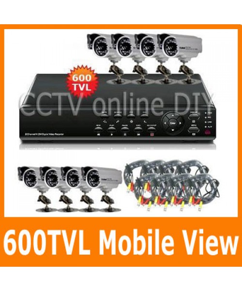 8CH H.264 Network Security CCTV DVR System Support Mobile Surveillance 600TVL Night Vision Outdoor CCD Camera