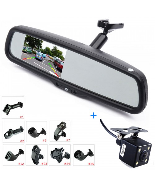 4.3" LCD Car Rear View Mirror Monitor Kit + Reverse Backup Parking Camera, Interior Replacement Rearview Mirror with OEM Bracket