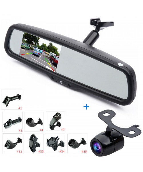 Car Rear View Kit 4.3" LCD Mirror Monitor + Reverse Backup Parking Camera, Interior Replacement Rearview Mirror with OEM Bracket