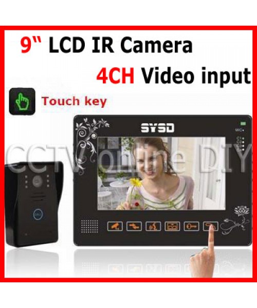 9 Inch Color TFT LCD Monitor 4CH CCTV Camera input Home Video Door Phone Doorbell Intercom System Touch Button