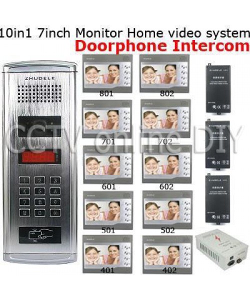 10 Units Apartment Video Door Phone doorbell Intercom System 10pcs 7 inch Monitor with 10PCS RF Card