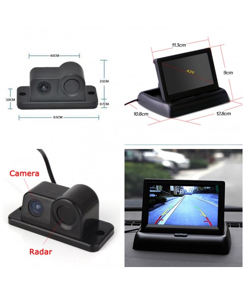 Car Reverse Parking Camera With Radar Sensor + 4.3" Foldable LCD Rear View Monitor 3 in 1